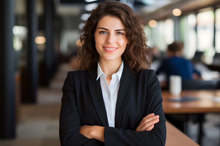 corporate woman standing with arms crossed